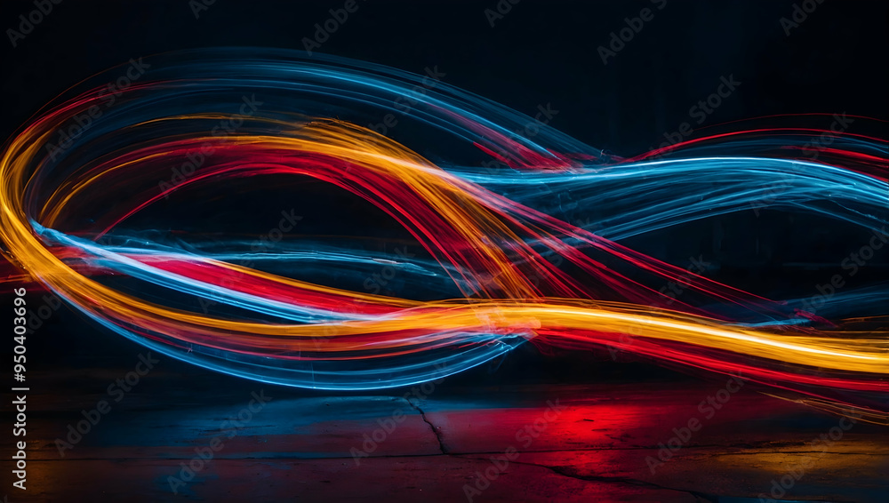 Poster abstract light trails: a mesmerizing dance of vibrant, abstract light trails in a dark background, c