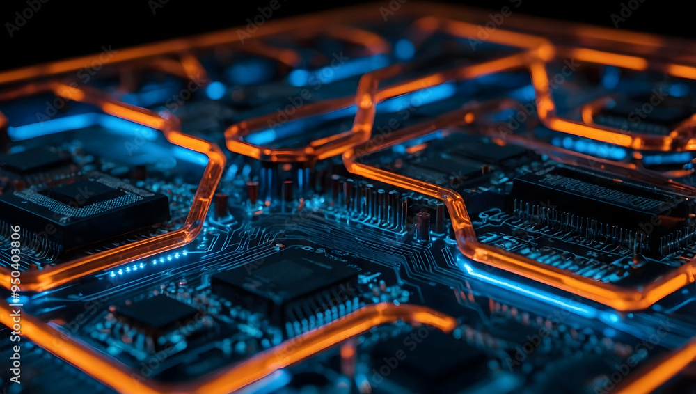 Poster circuitry in motion: the heart of modern technology, a close-up shot of a glowing cpu amidst intrica