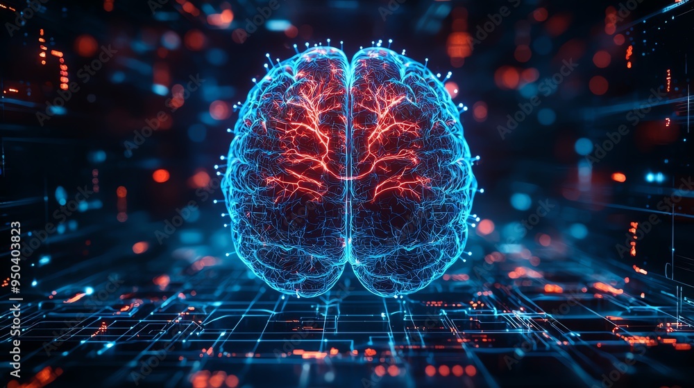 Poster a digitally rendered brain with vibrant circuits, symbolizing technology, intelligence, and neural c