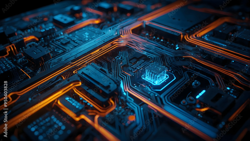 Poster circuitry in motion: the heart of modern technology, a close-up shot of a glowing cpu amidst intrica