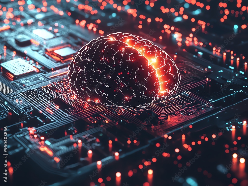 Poster a futuristic brain graphic illuminated by neon colors on a circuit board, symbolizing advanced techn