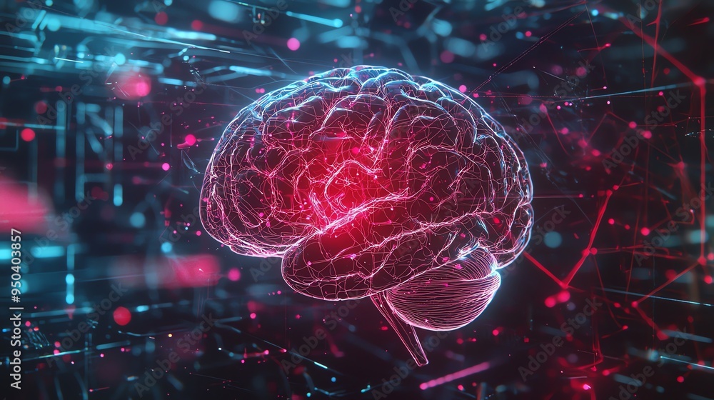 Poster a futuristic digital brain surrounded by neon circuits, representing the intersection of technology 