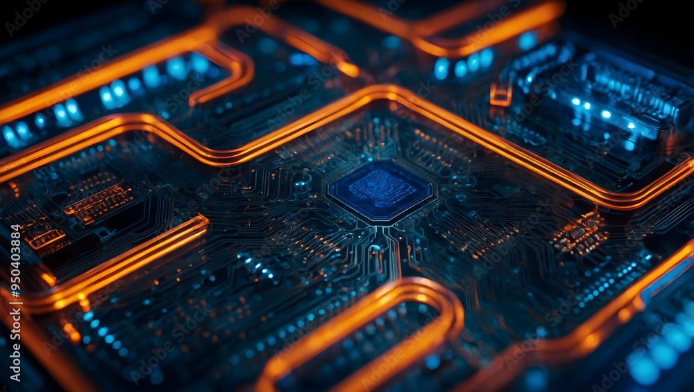 Poster circuitry in motion: the heart of modern technology, a close-up shot of a glowing cpu amidst intrica