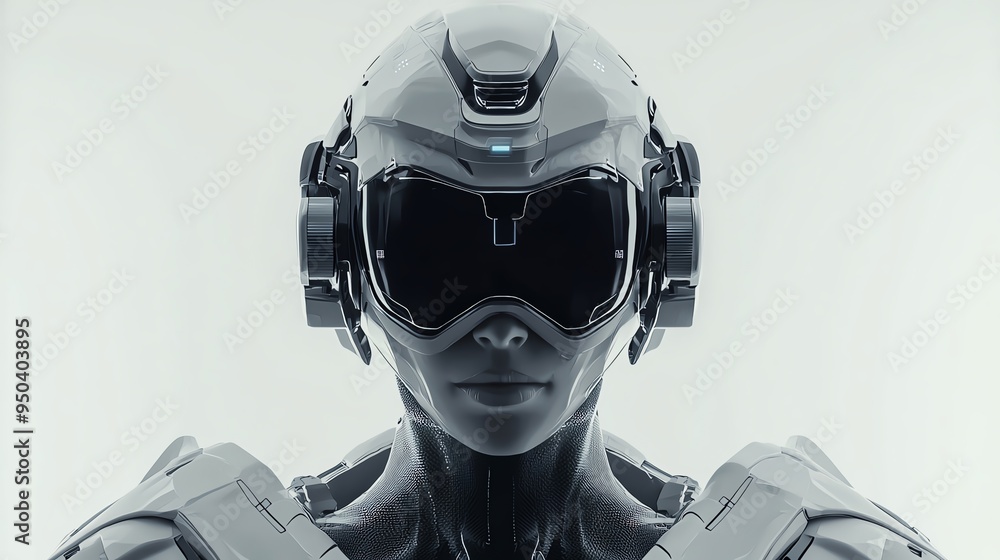 Poster a futuristic humanoid robot with sleek design and high-tech headset, showcasing advanced technology 