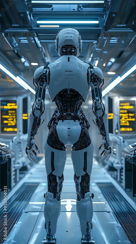 Poster a futuristic robot standing in a high-tech environment, showcasing advanced technology and design in