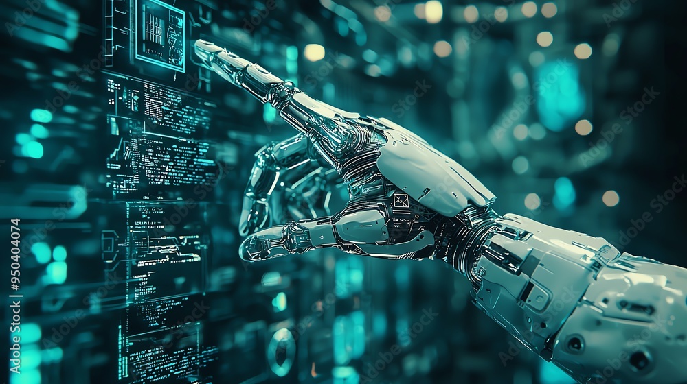 Aufkleber a futuristic robotic hand interacting with a digital interface, showcasing advanced technology and i