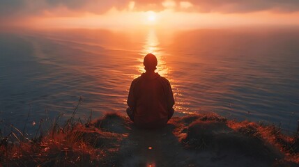 Obraz premium Silhouette of woman meditating on sunset beach, yoga pose, ocean view