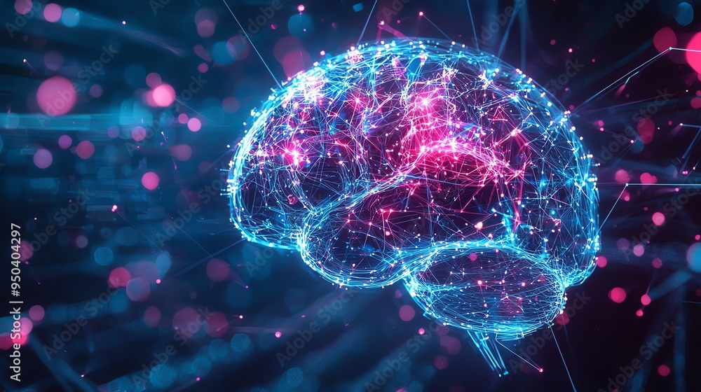 Poster a vibrant and dynamic digital representation of a brain, illustrating neural connections and advance