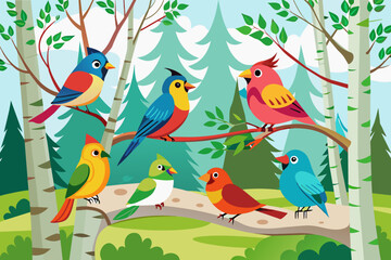  A group of colorful bird sits on a branch vector illustration 