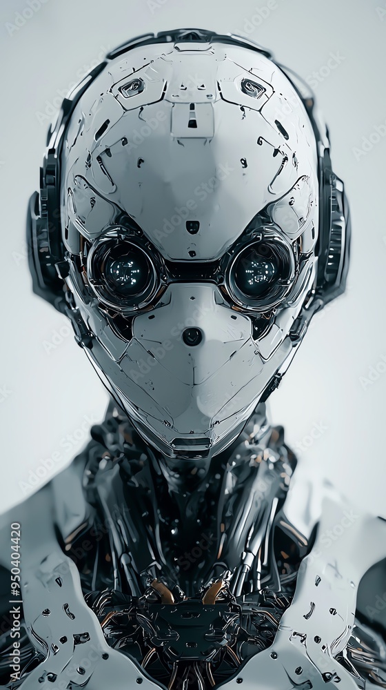 Poster close-up of a futuristic robot face with intricate mechanical details and a sleek design, showcasing