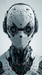 Fototapeta premium Close-up of a futuristic robot face with intricate mechanical details and a sleek design, showcasing advanced technology.