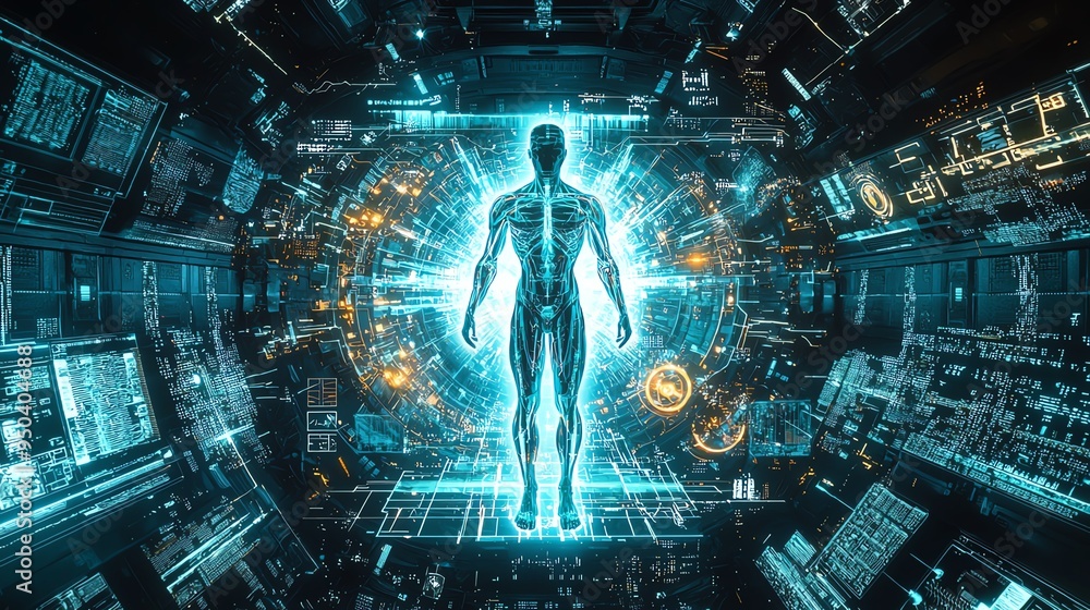 Poster futuristic figure in a digital environment, showcasing technology and innovation. ideal for science 