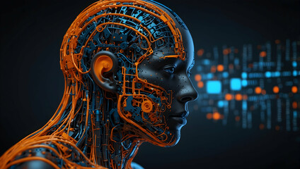 Cybernetic Woman: A captivating portrait of a futuristic woman with intricate cybernetic enhancements, her glowing circuitry illuminating a room of digital displays. 