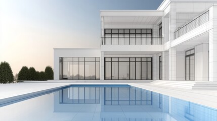 Fototapeta premium 3D depiction of a luxurious villa, combining realistic elements on one side and a wireframe on the other, with plenty of blank space on the right for personalized copy,