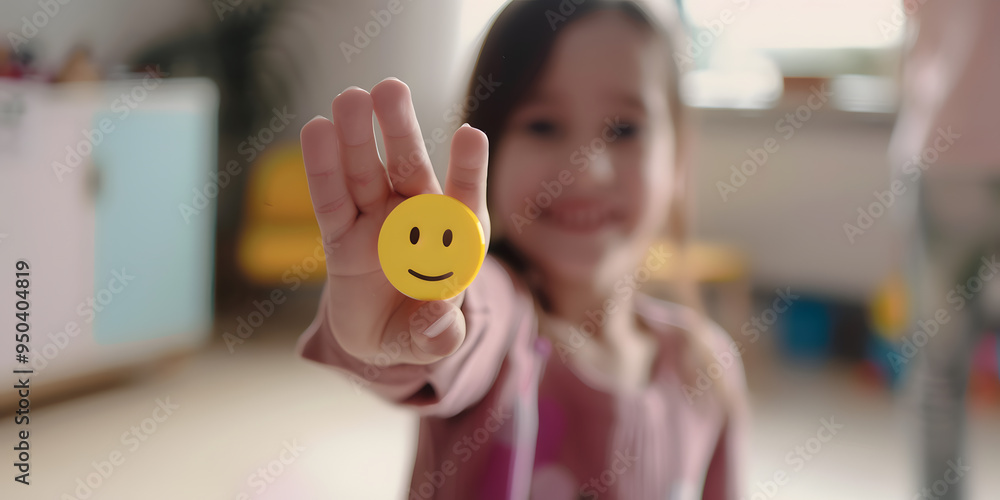 Wall mural a child hand is holding a yellow smiley face emoji