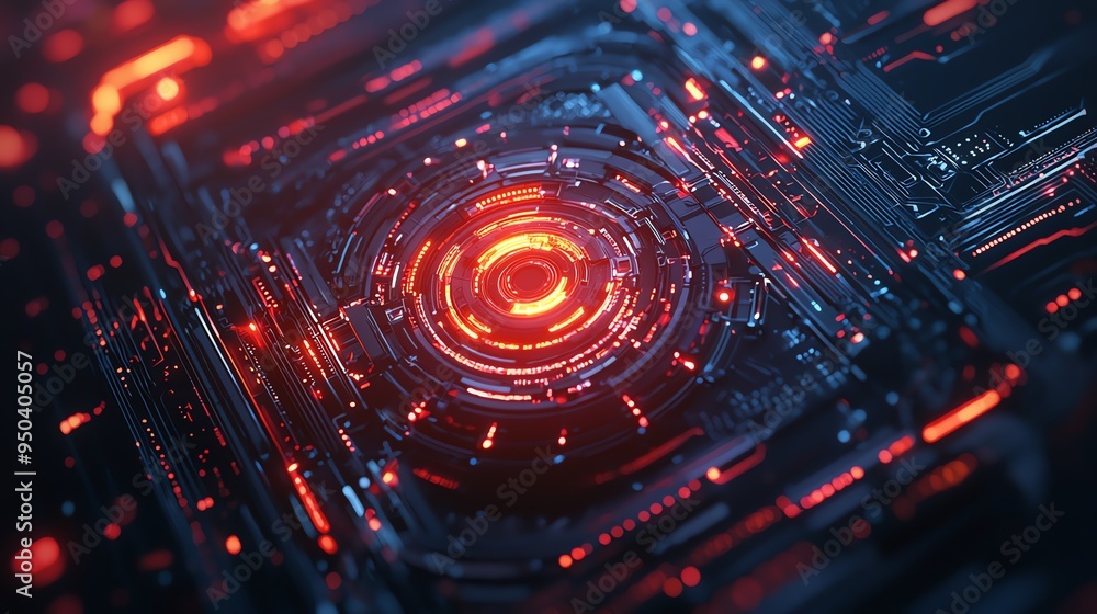 Poster futuristic technology design featuring intricate circuits and glowing lights, perfect for digital an