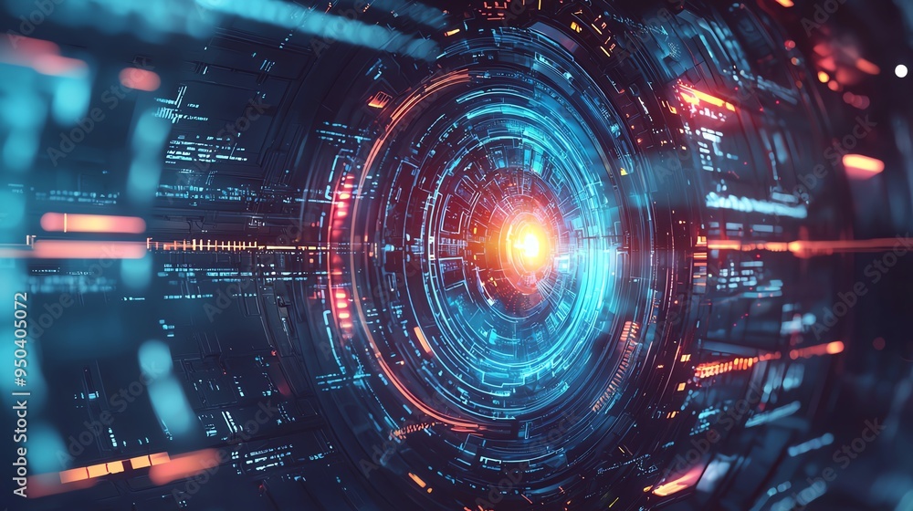 Poster futuristic technology background featuring glowing circuits and a central light source. perfect for 