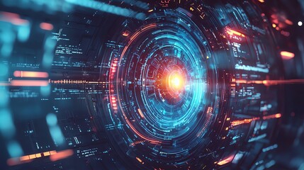 Obraz premium Futuristic technology background featuring glowing circuits and a central light source. Perfect for science and innovation themes.