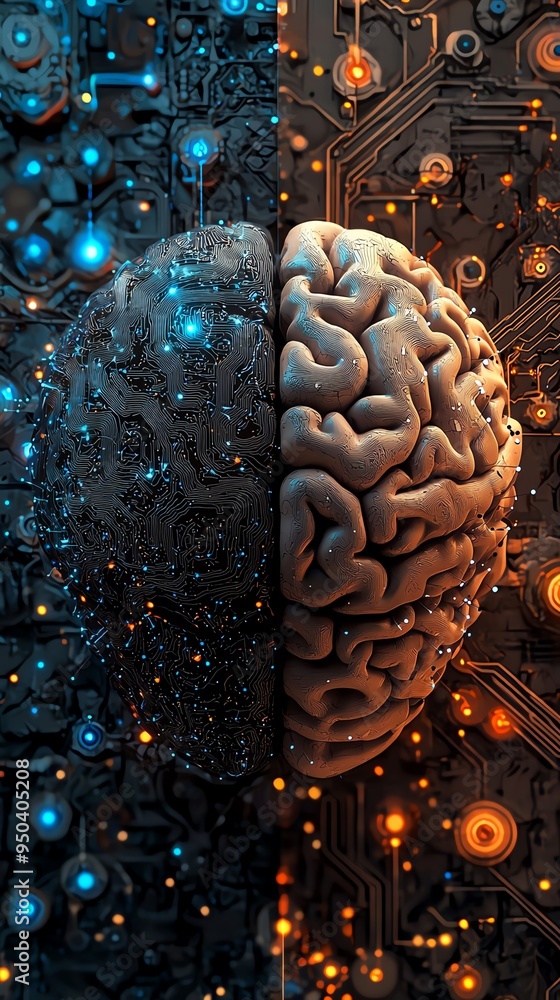 Poster a creative representation of a human brain with circuitry, symbolizing the fusion of technology and 