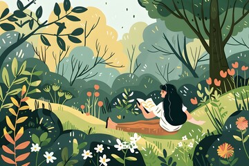 Fototapeta premium Woman Reading in a Green Forest Illustration