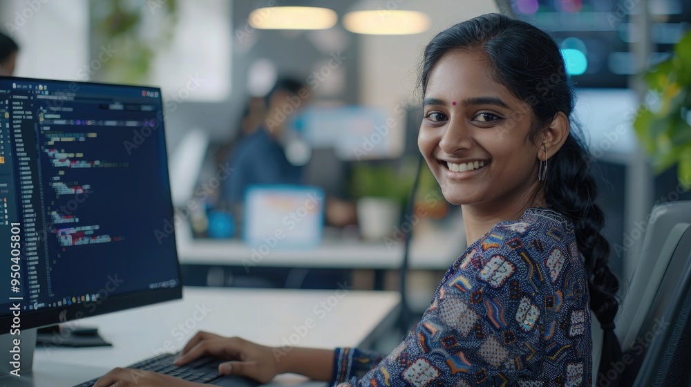 Aufkleber diverse office: portrait of beautiful smiling indian it programmer working on desktop computer. fema
