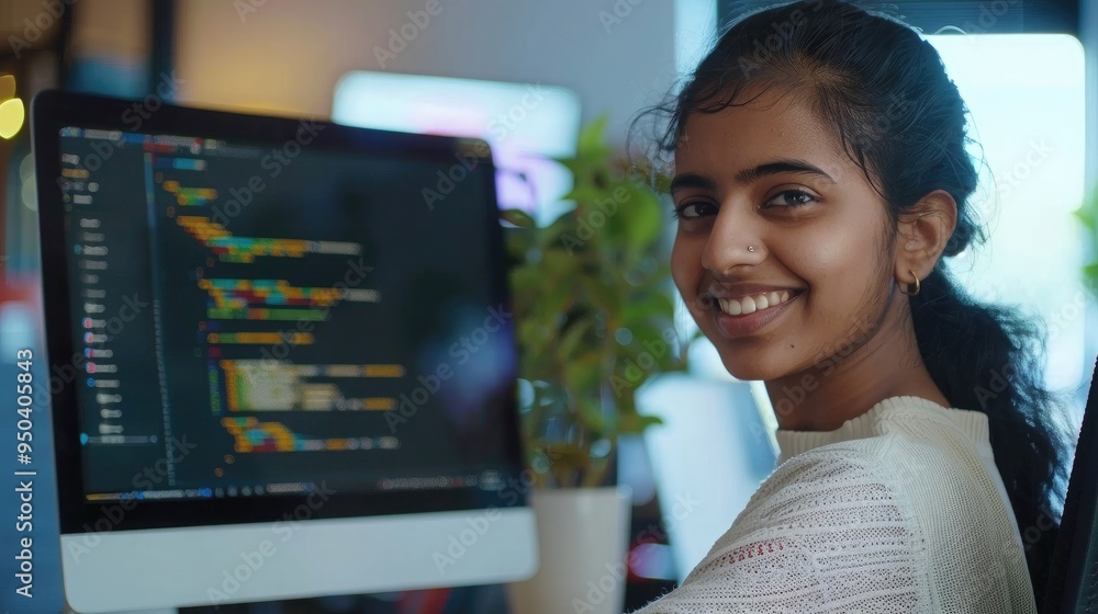 Poster diverse office: portrait of beautiful smiling indian it programmer working on desktop computer. fema