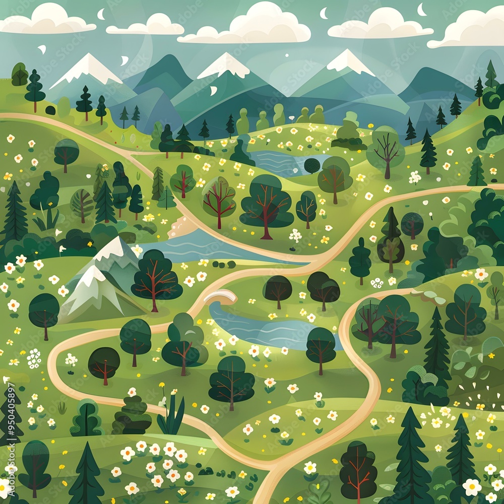 Poster Cartoon Illustration of a Winding Road Through a Forest Landscape