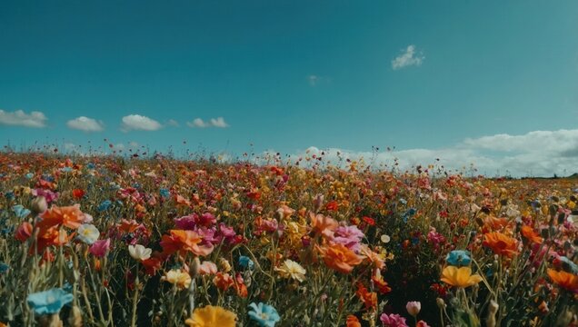 A field of flowers with a blue sky in the background