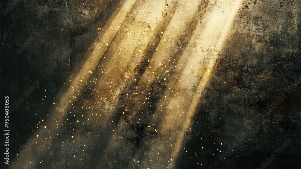Poster fragments of light: shimmering beams of light breaking through a dark, textured background, creating
