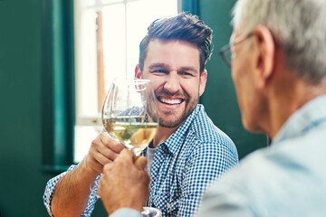 Man, senior father and toast with wine, smile and congratulations with celebration. Family, drinks and cheers with lunch, dinner or bonding with retirement and success and alcohol for reunion
