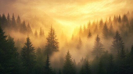 Dense mist rolling over a serene forest with towering pine trees and a soft golden sunrise