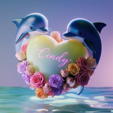 3D render of two dolphins cradling a delicate heart in soft yellow-green hue, inscribed with name Cindy in flowing script.jpeg