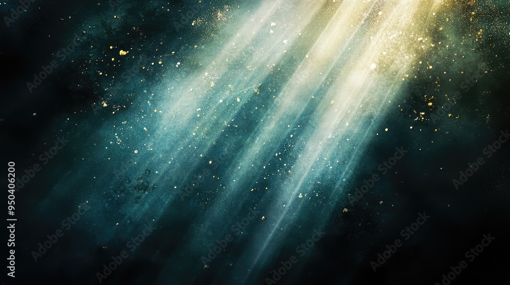 Poster fragments of light: shimmering beams of light breaking through a dark, textured background, creating