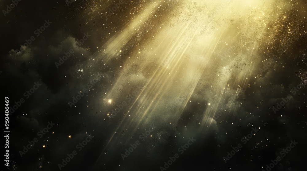 Poster fragments of light: shimmering beams of light breaking through a dark, textured background, creating