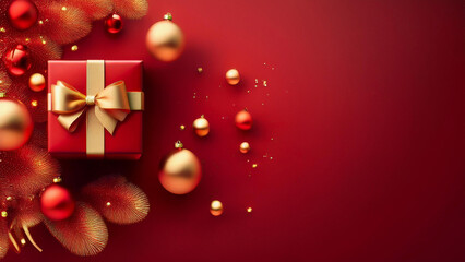 Um pequeno gift box, vermelho com laço dourado fundo vermelho com pequenos enfeites natalinos flutuando. Espaço para escrita .Render 3d. Cartão de natal, natalino