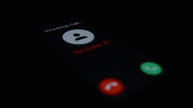 A dimly lit phone screen with "No Caller ID" call, suggesting caution against answering unknown calls.