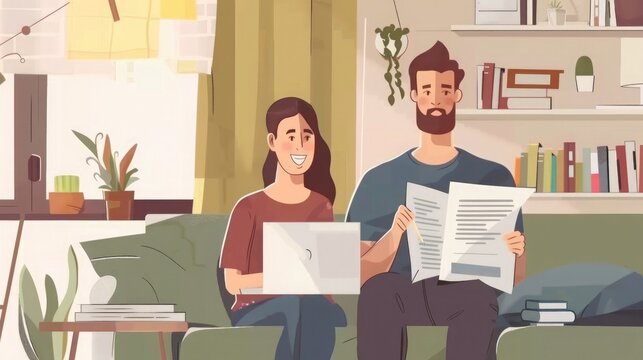 Doing Accounting at Home: Happy Couple Using Laptop Computer, Sitting on Sofa in Apartment. Young Family Filling Tax Forms, Mortgage Documents, Bills, Checks, Balances, Invoices are in Order