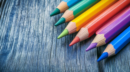 Obraz premium Close-up of colored pencils on a wooden background. 