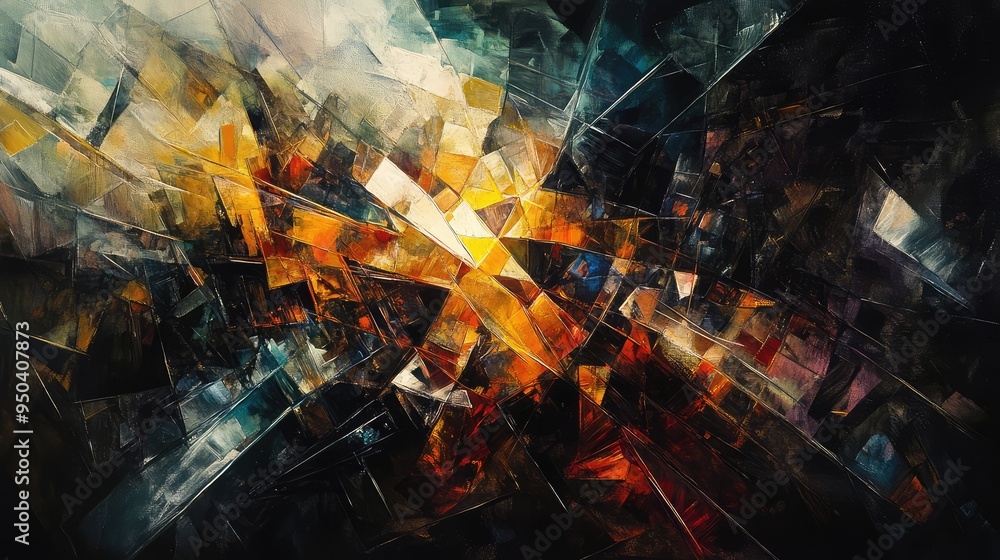 Poster fragments of light: vibrant shards of light intersecting with muted, dark tones, creating a dramatic