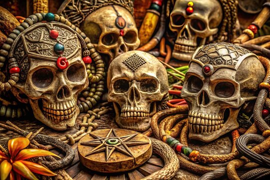 Mysterious, ancient ritualistic artifacts and talismans adorned with cryptic markings, skulls, and snakes, evoking the mystical powers of Haitian folk magic and dark spirituality.
