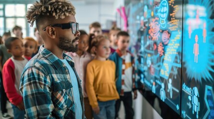 Elementary School Science Teacher Uses Interactive Digital Whiteboard to Show Classroom Full of Children how Software Programming works for Robotics. Science Class, Curious Kids Listening Attentively