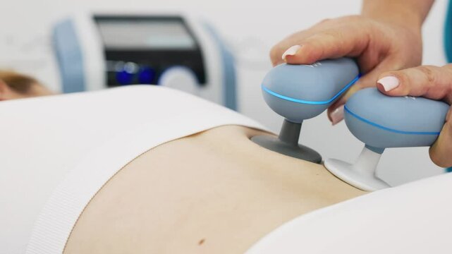 A professional physiotherapist administers electromagnetic therapy to a young woman in a state-of-the-art clinic. This advanced treatment aids tissue repair, alleviates pain, and boosts muscle recover