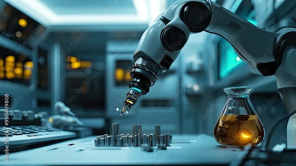 Poster futuristic robotic arm conducting a precision experiment, manipulating small components with extreme