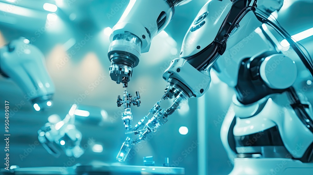Poster futuristic robotic arm conducting a precision experiment, manipulating small components with extreme