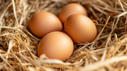Fresh organic brown eggs in a straw nest, close-up. 