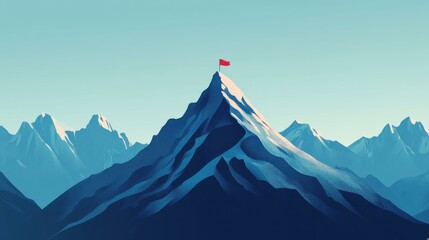 Snowy Mountain Peak with Red Flag - Achievement and Success