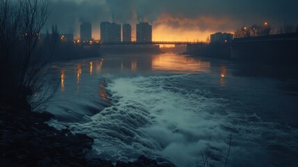 Cityscape with River and Sunset