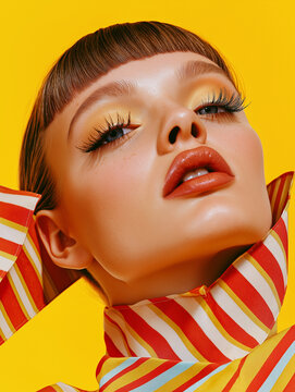 Avantgarde-Makeup: H&uuml;bsche Frau mit kunstvollem High-Fashion-Styling. Farbintensive Lidschatten, extravagante Wimpern, glitzernde Akzente. Kreative Visagisten-Kunst trifft Modelcharisma