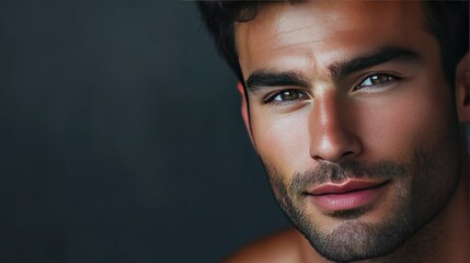 Obraz premium Handsome man's face with a strong jawline, clear skin, and a relaxed, confident expression