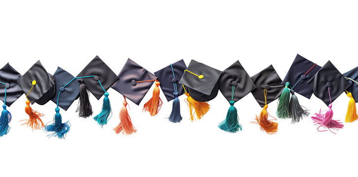 A horizontal decorative border composed of various graduation caps, neatly arranged side by side. The caps are uniformly black with tassels of different colors, creating a vibrant